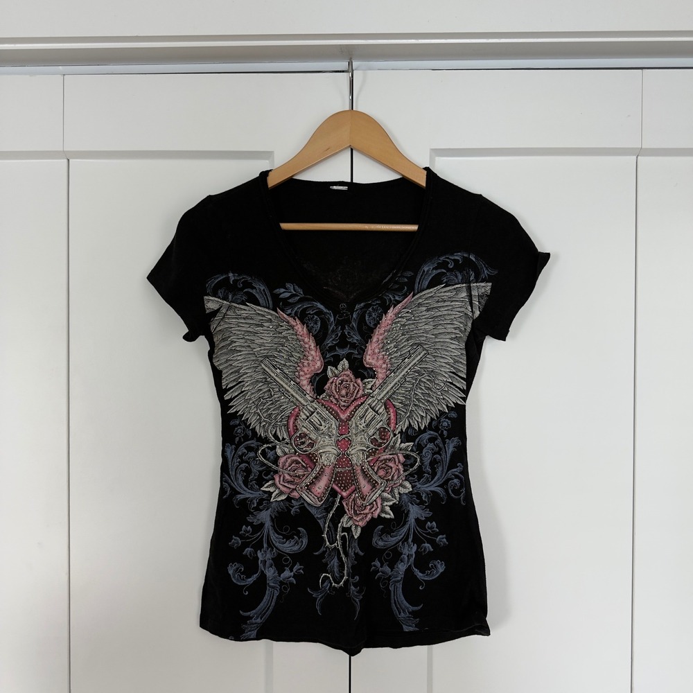 Womens Full Throttle Salon T-Shirt Small Black Wings Roses Graphic Tee